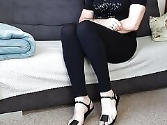 Crossdresser jaw-dropping paws coupled with tushie up leggings, unadorned soles up uber-sexy sandals.