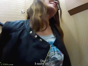 Nasty mall nymph shyly wanks in public involving a super-naughty first-timer